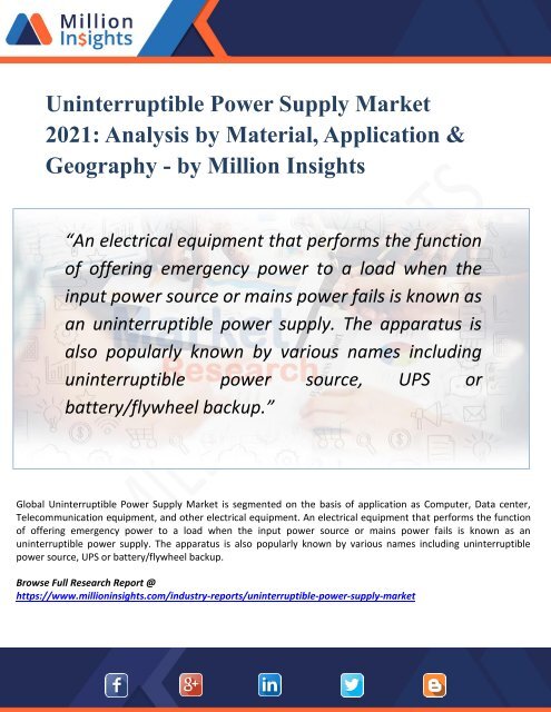 Uninterruptible Power Supply Market Segmented by Material, Type, Application, and Geography - Growth, Trends and Forecast 2021