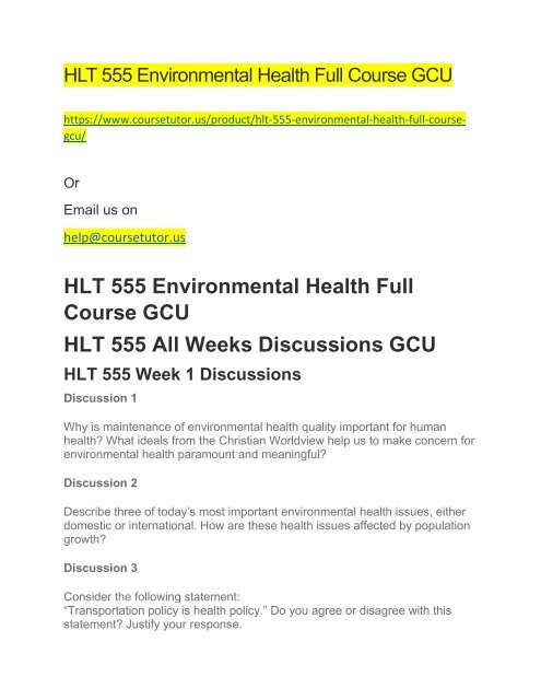 HLT 555 Environmental Health Full Course GCU