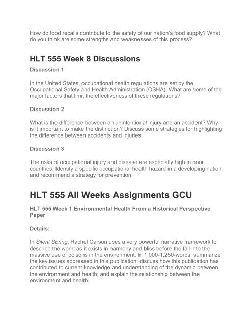 HLT 555 Environmental Health Full Course GCU