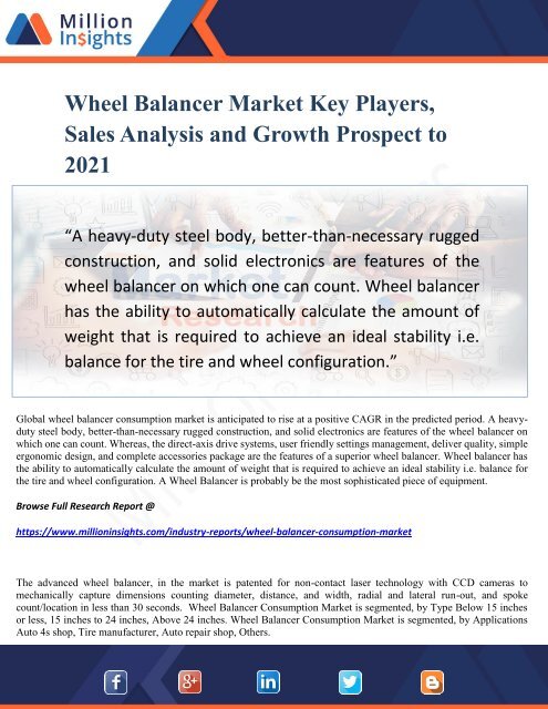 Wheel Balancer Market Key Players, Sales Analysis and Growth Prospect to 2021