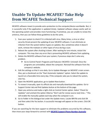 Unable To Update MCAFEE Take Help from MCAFEE Technical