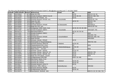 Liste unserer Ersatzteile für JENZ AZ und HEM - öko-recycling