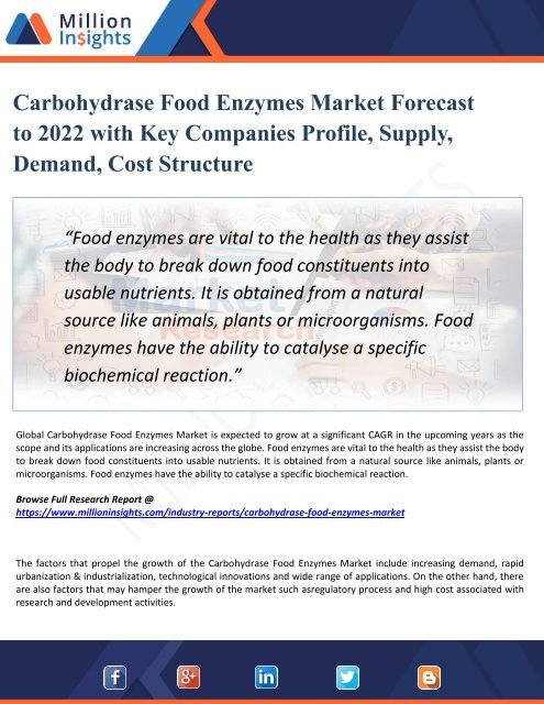 Carbohydrase Food Enzymes Market 2022 Segmentation and Analysis by Recent Trends, Development and Growth by Trending Regions