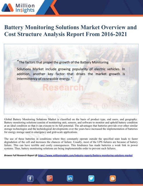 Battery Monitoring Solutions Market Overview and Cost Structure Analysis Report From 2016-2021