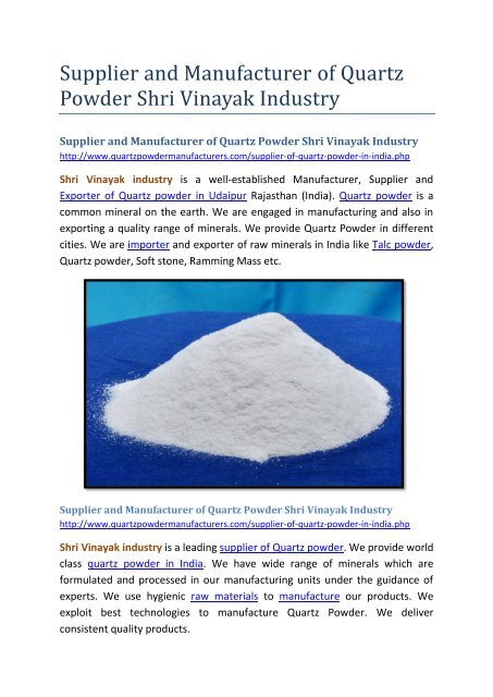 Supplier and Manufacturer of Quartz Powder Shri Vinayak Industry