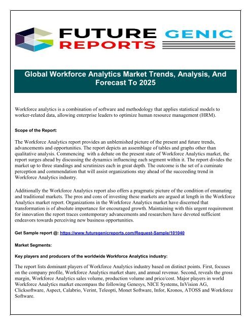 Workforce Analytics Market Analysis, Business Overview, Upcoming Trends Forecast and Key Vendors influencing Markets by 2023