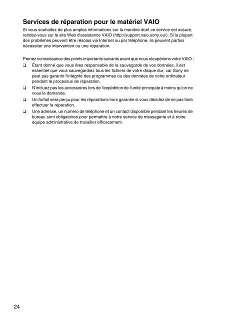 Sony VPCEH3C4E - VPCEH3C4E Documents de garantie Fran&ccedil;ais