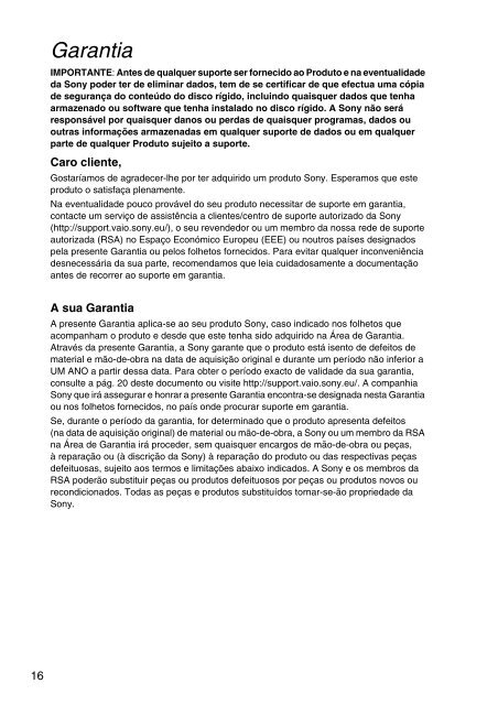 Sony VPCEH3C4E - VPCEH3C4E Documents de garantie Portugais