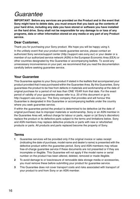 Sony VPCEH3C4E - VPCEH3C4E Documents de garantie Anglais