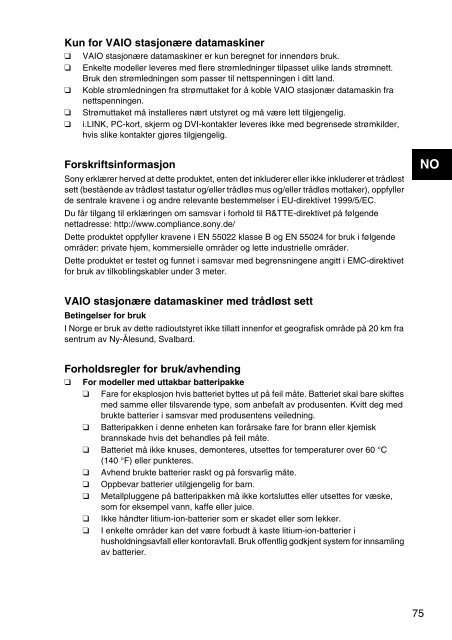 Sony VPCEH3C4E - VPCEH3C4E Documents de garantie Norv&eacute;gien