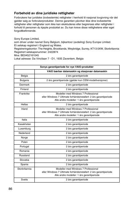 Sony VPCEH3C4E - VPCEH3C4E Documents de garantie Norv&eacute;gien