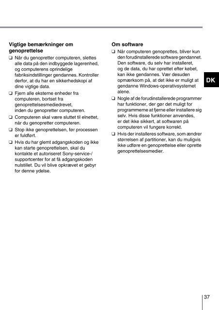 Sony VPCEH3C4E - VPCEH3C4E Guide de d&eacute;pannage Danois