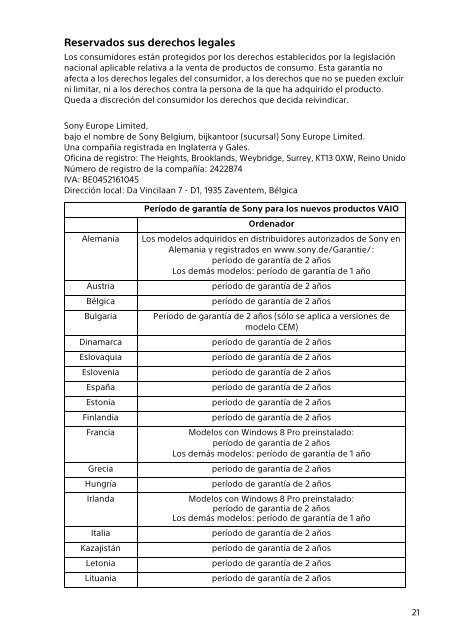 Sony SVE1511T1E - SVE1511T1E Documents de garantie Espagnol