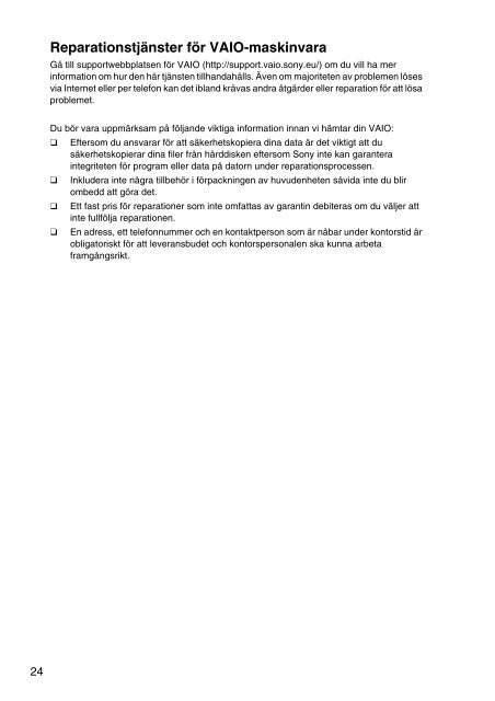 Sony SVE1511T1E - SVE1511T1E Documents de garantie Su&eacute;dois