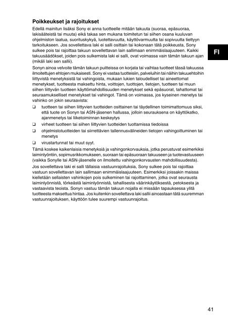 Sony SVE1511T1E - SVE1511T1E Documents de garantie Finlandais