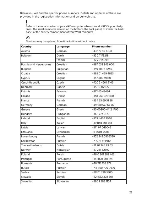 Sony SVS13A3B4E - SVS13A3B4E Documenti garanzia Inglese