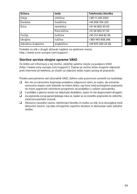 Sony SVS13A3B4E - SVS13A3B4E Documenti garanzia Serbo