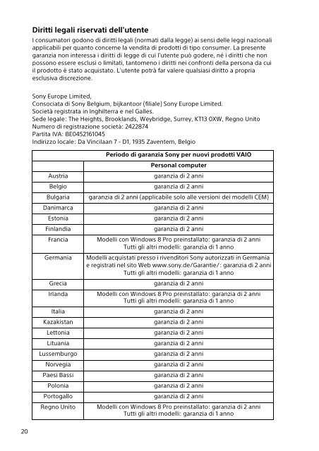 Sony SVS13A3B4E - SVS13A3B4E Documenti garanzia Italiano