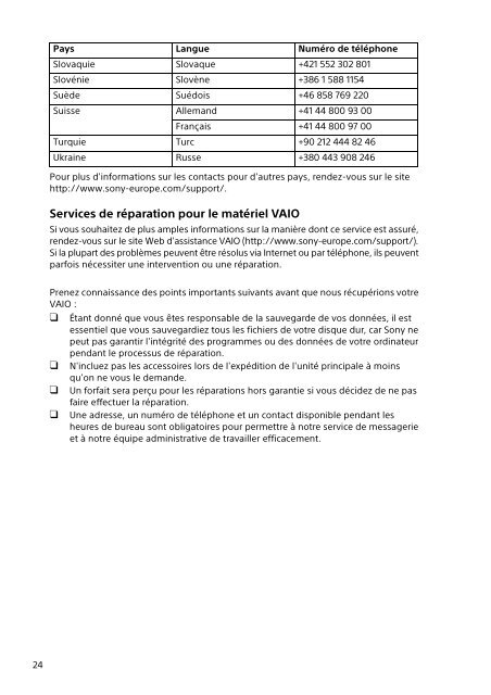 Sony SVS13A3B4E - SVS13A3B4E Documenti garanzia Francese