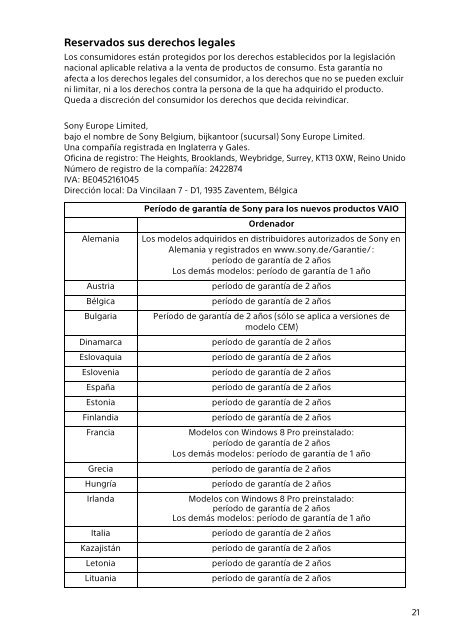 Sony SVE1713N4E - SVE1713N4E Documents de garantie Espagnol