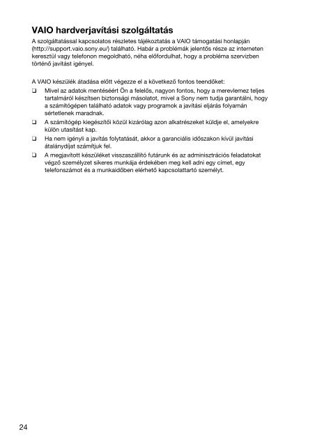 Sony VPCCB3M1E - VPCCB3M1E Documents de garantie Hongrois