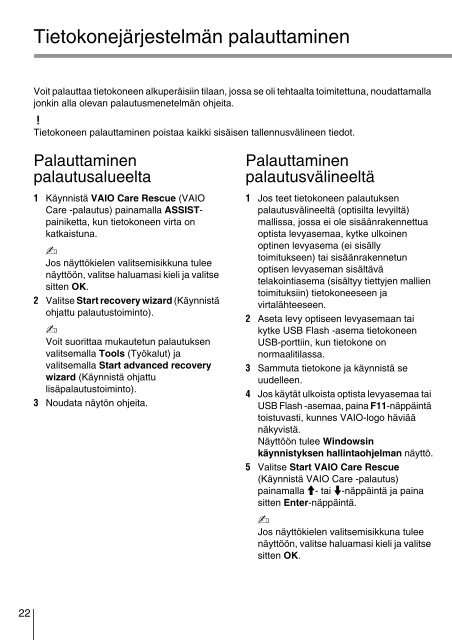 Sony VPCCB3M1E - VPCCB3M1E Guide de d&eacute;pannage Finlandais