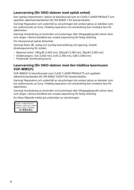 Sony SVS13A3B4E - SVS13A3B4E Documenti garanzia Svedese