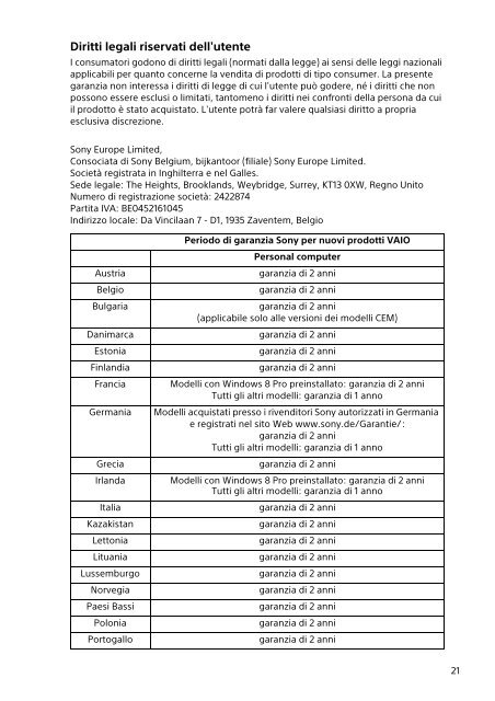 Sony SVS13A3B4E - SVS13A3B4E Documenti garanzia Italiano