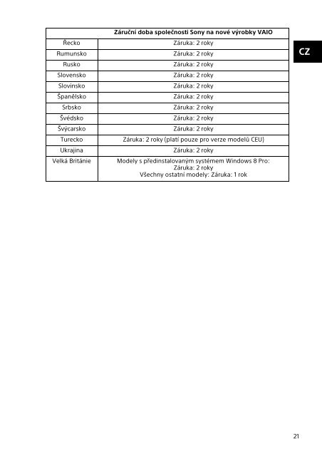 Sony SVS13A3B4E - SVS13A3B4E Documenti garanzia Slovacco