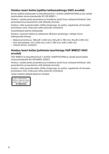 Sony SVS13A3B4E - SVS13A3B4E Documenti garanzia Estone