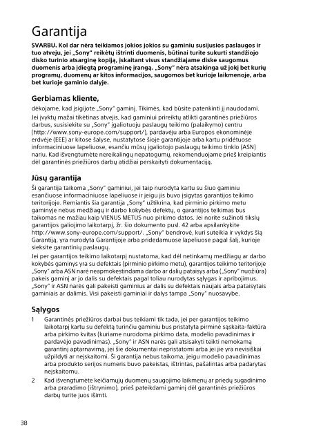 Sony SVS13A3B4E - SVS13A3B4E Documenti garanzia Lituano