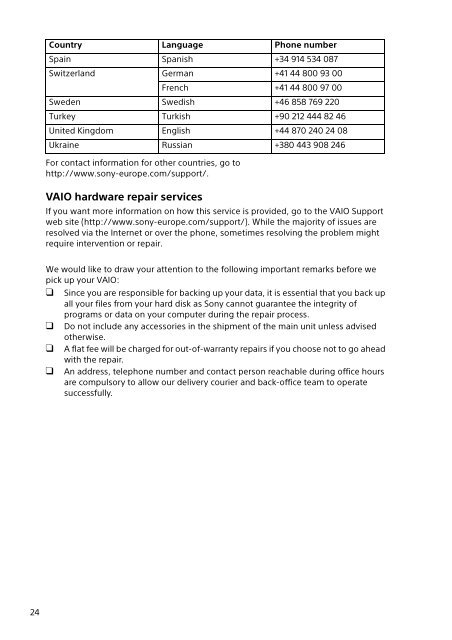 Sony SVS13A3B4E - SVS13A3B4E Documenti garanzia Inglese