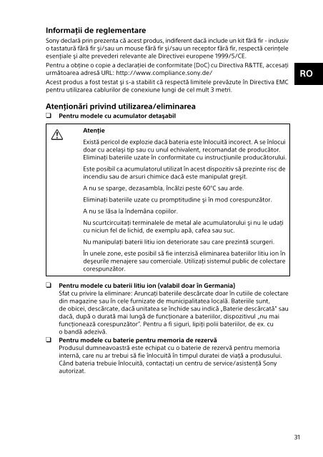 Sony SVS13A3B4E - SVS13A3B4E Documenti garanzia Rumeno