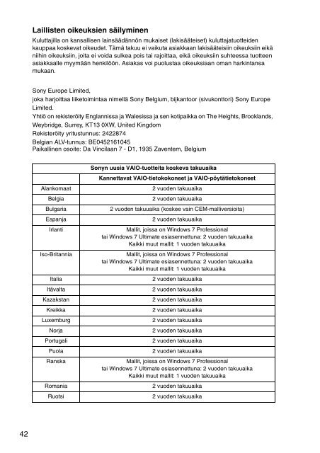 Sony VPCCB3M1E - VPCCB3M1E Documents de garantie Norv&eacute;gien