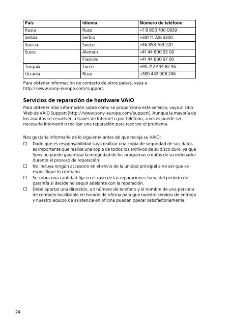 Sony SVS15112C5 - SVS15112C5 Documents de garantie Espagnol