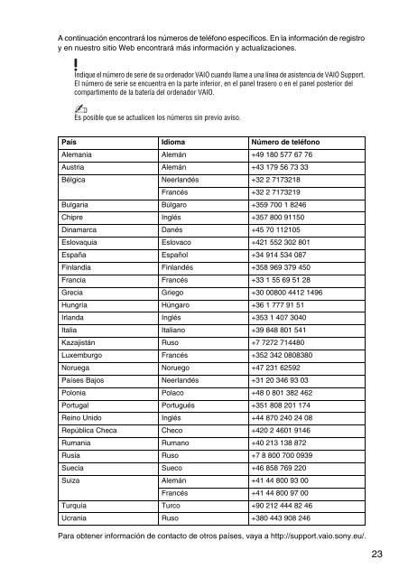 Sony SVS1311M9R - SVS1311M9R Documents de garantie Espagnol