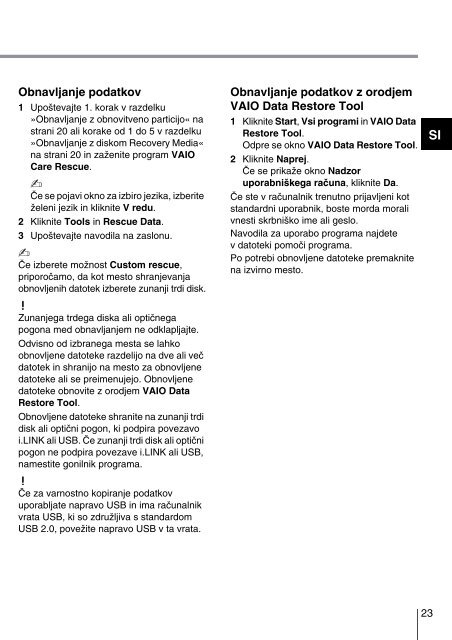 Sony SVS1311M9R - SVS1311M9R Guide de d&eacute;pannage Slov&eacute;nien