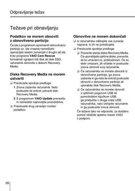 Sony SVS1311M9R - SVS1311M9R Guide de d&eacute;pannage Slov&eacute;nien