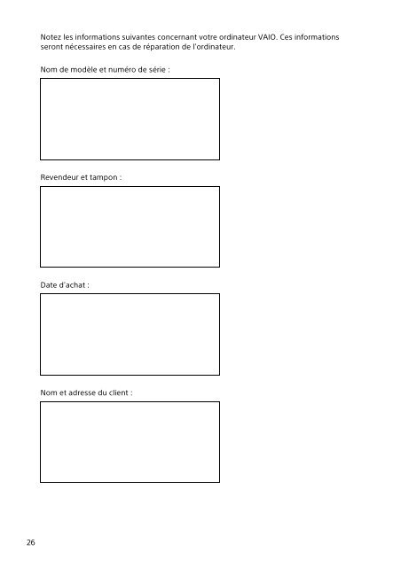 Sony SVE1513O9E - SVE1513O9E Documents de garantie Fran&ccedil;ais