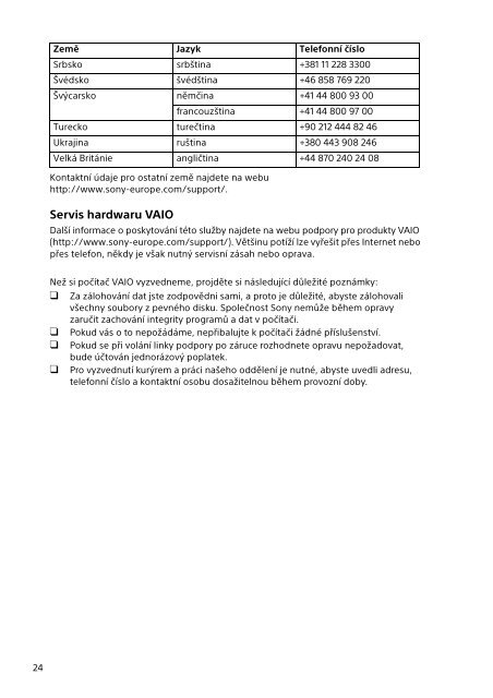 Sony SVE1513O9E - SVE1513O9E Documents de garantie Tch&egrave;que