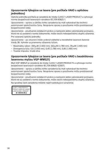 Sony SVE1513O9E - SVE1513O9E Documents de garantie Tch&egrave;que