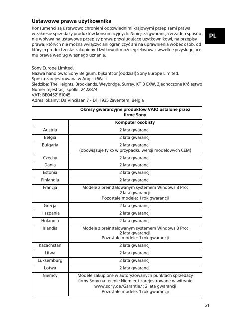 Sony SVE1513O9E - SVE1513O9E Documents de garantie Polonais