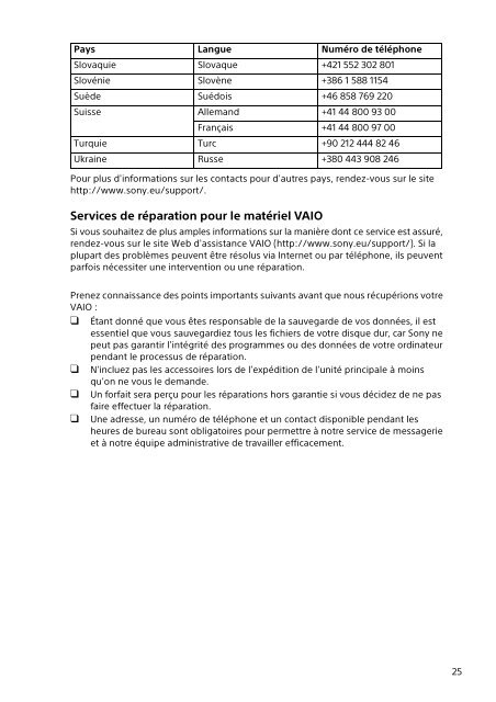 Sony SVS1313N9E - SVS1313N9E Documenti garanzia Francese