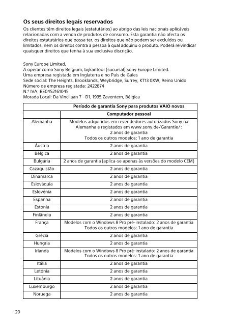 Sony SVE1513O9E - SVE1513O9E Documents de garantie Portugais