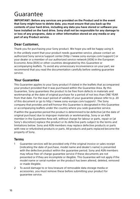 Sony SVE1513O9E - SVE1513O9E Documents de garantie Anglais