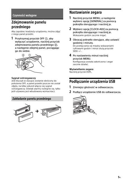 Sony CDX-G1102U - CDX-G1102U Consignes d&rsquo;utilisation Polonais