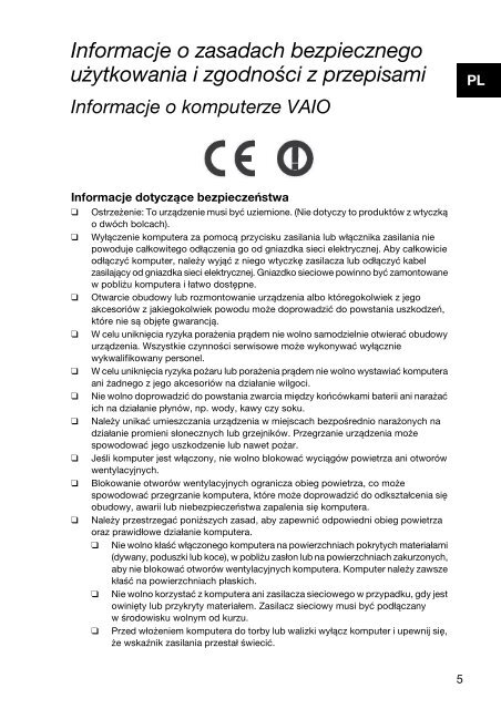 Sony VPCCA3X1R - VPCCA3X1R Documents de garantie Polonais