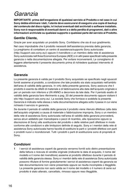 Sony VPCCA3X1R - VPCCA3X1R Documents de garantie Italien