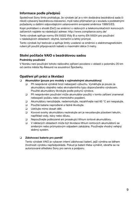 Sony VPCCA3X1R - VPCCA3X1R Documents de garantie Tch&egrave;que