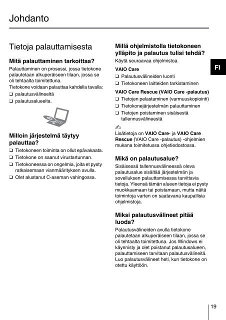 Sony VPCCA3X1R - VPCCA3X1R Guide de d&eacute;pannage Finlandais